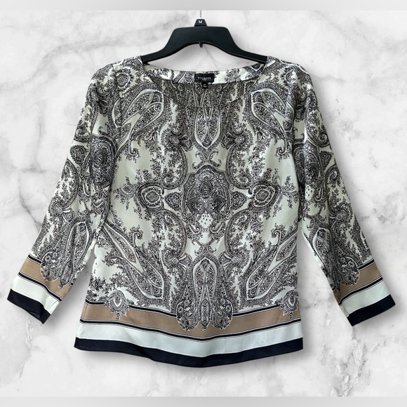 Talbots Tops - Talbots Silky Black White Tan Paisley Boho Floral Print Blouse Top Size 2P